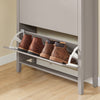 SoBuy FSR89-KA Skoskåp, smal skoställ, skobyrå, smal med 2 klaffar och lådor – plats för 12 par skor, modern design för hall och hall, enkel montering – ljusbrun B 78 x T24 x H108 cm