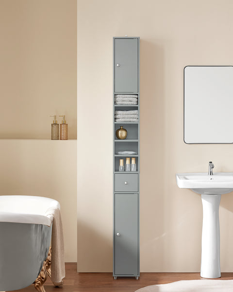 SoBuy Hög Badrumsförvaringsskåp – Fristående Smalt Badrumsskåp, Vattenresistent MDF med Justerbara Hyllor och Låda – Kompakt Badrumsmöbel, Grått, B20 x D20 x H180cm, BZR34-HG