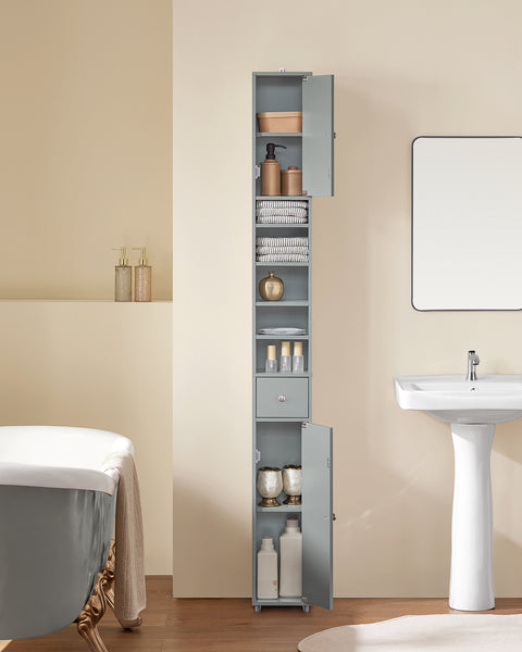 SoBuy Hög Badrumsförvaringsskåp – Fristående Smalt Badrumsskåp, Vattenresistent MDF med Justerbara Hyllor och Låda – Kompakt Badrumsmöbel, Grått, B20 x D20 x H180cm, BZR34-HG
