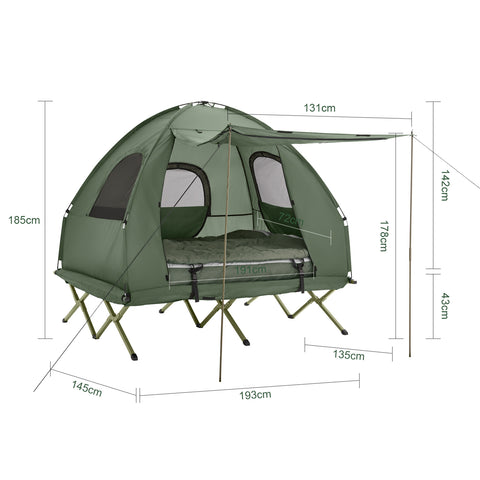 SoBuy Hopfällbart 4-i-1 Campingtält med Upphöjd Bädd för 2 Personer – Inkluderar Alusäng, Sovsäck, Luftmadrass & Bärväska – Maxvikt 180 kg – Grön | OGS61-L-GR