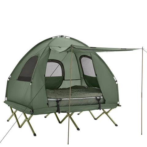 SoBuy Hopfällbart 4-i-1 Campingtält med Upphöjd Bädd för 2 Personer – Inkluderar Alusäng, Sovsäck, Luftmadrass & Bärväska – Maxvikt 180 kg – Grön | OGS61-L-GR