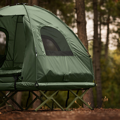 SoBuy Hopfällbart 4-i-1 Campingtält med Upphöjd Bädd för 2 Personer – Inkluderar Alusäng, Sovsäck, Luftmadrass & Bärväska – Maxvikt 180 kg – Grön | OGS61-L-GR