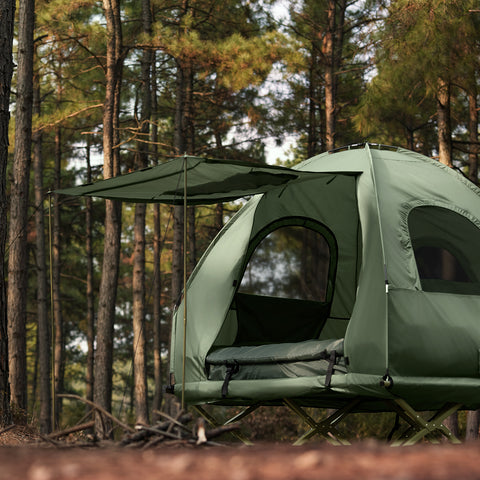 SoBuy Hopfällbart 4-i-1 Campingtält med Upphöjd Bädd för 2 Personer – Inkluderar Alusäng, Sovsäck, Luftmadrass & Bärväska – Maxvikt 180 kg – Grön | OGS61-L-GR