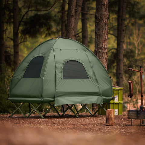 SoBuy Hopfällbart 4-i-1 Campingtält med Upphöjd Bädd för 2 Personer – Inkluderar Alusäng, Sovsäck, Luftmadrass & Bärväska – Maxvikt 180 kg – Grön | OGS61-L-GR