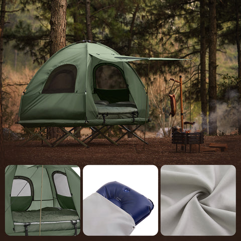SoBuy Hopfällbart 4-i-1 Campingtält med Upphöjd Bädd för 2 Personer – Inkluderar Alusäng, Sovsäck, Luftmadrass & Bärväska – Maxvikt 180 kg – Grön | OGS61-L-GR
