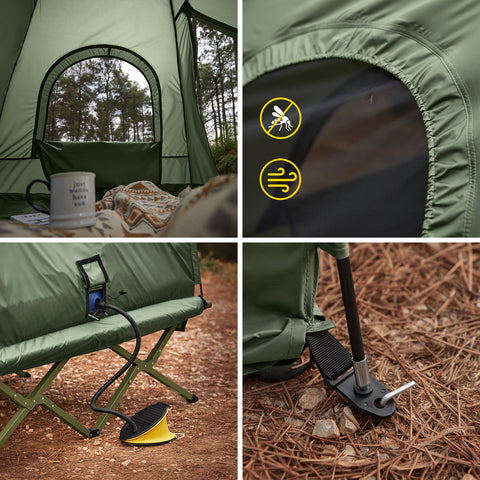 SoBuy Hopfällbart 4-i-1 Campingtält med Upphöjd Bädd för 2 Personer – Inkluderar Alusäng, Sovsäck, Luftmadrass & Bärväska – Maxvikt 180 kg – Grön | OGS61-L-GR